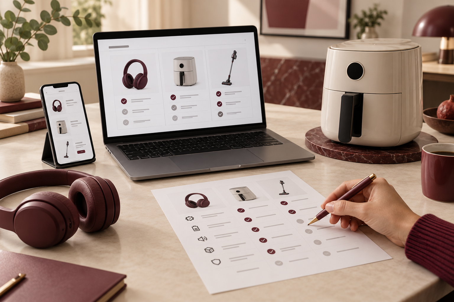 Illustrative product comparison with laptop, headphones and household appliances
