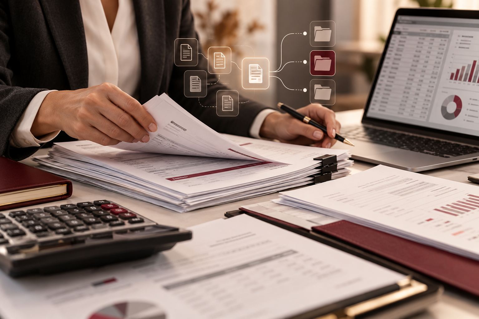 Illustrative accountant organising invoices and bookkeeping records