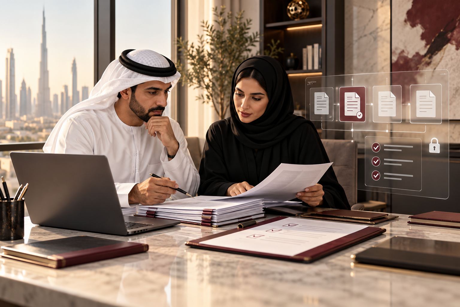 Illustrative UAE professionals reviewing tax documents