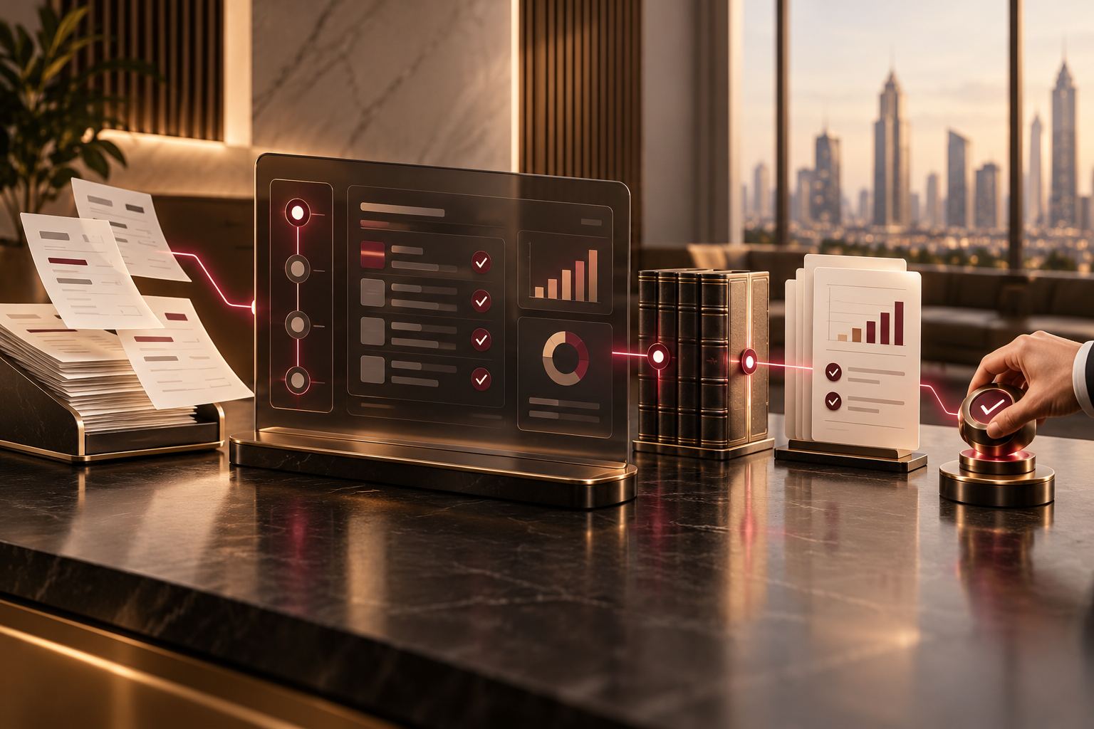 Conceptual AI business workflow connecting invoices, ledgers, insights and human approval