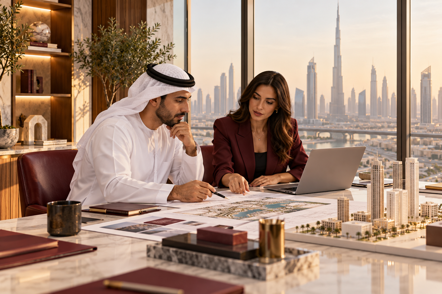 Illustrative UAE founders reviewing a business launch plan